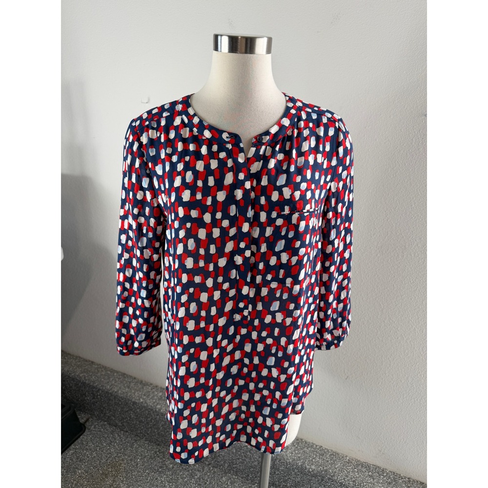 NYDJ Women Medium Navy Red White Geometric Abstract Print Button Front Blouse
